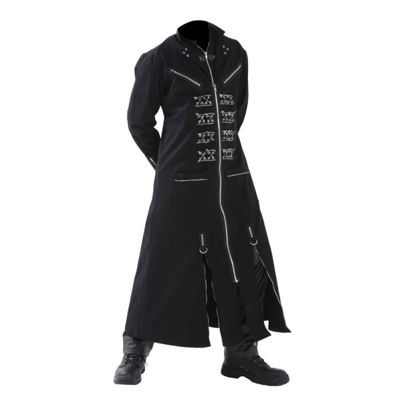 Men Black Long Gothic Coat Studs Buckle Punk Chrome Emo Coat